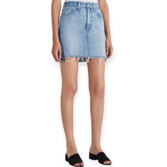 AG Adriano Goldschmied The Vera Mini Skirt Two-tone Denim Skirt With Frayed Hem - Picture 1 of 5